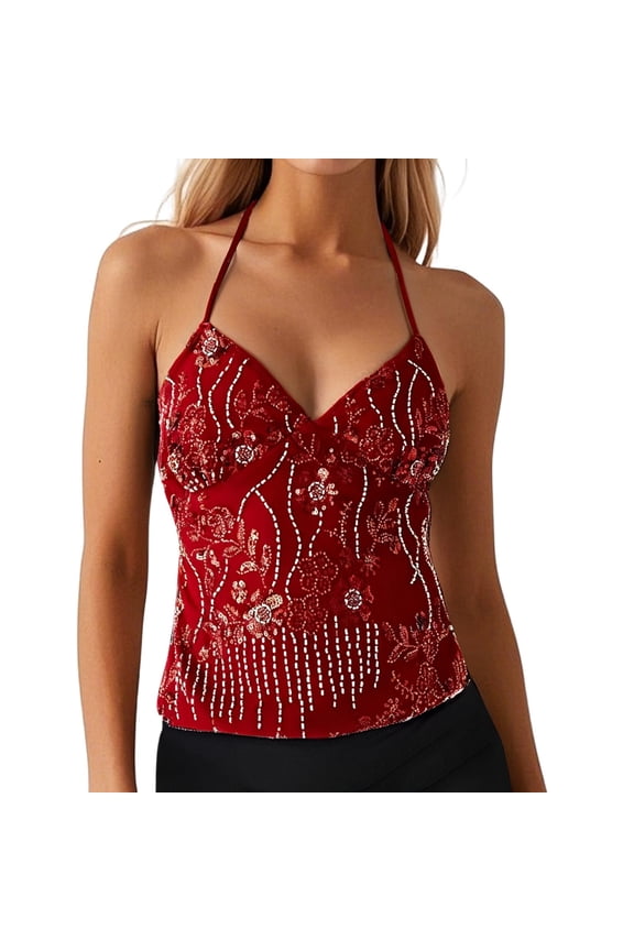 Women Cute Sparkle Backless Sequin Cami Top Top V Neck Open Back Criss Cross Straps Summer Crop Tops Red L