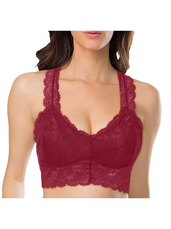 Women Floral Lace Bra Padded Breathable Bralette Halter Bra Wire Free Racerback Bra L