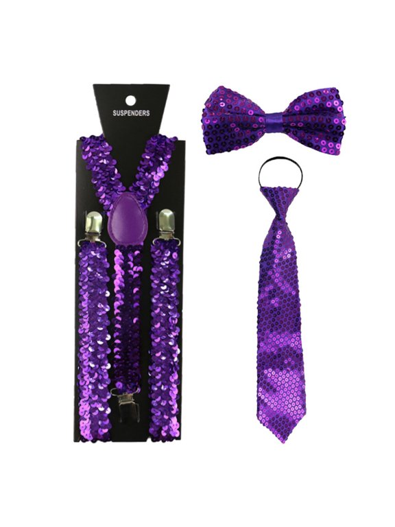 Women Men Sequins Suspenders Bowtie Necktie Set Elastic Y-Shape Back Brace Suspenders