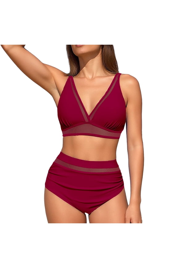 Women Mesh High Waisted Bikini Set V Neck Tummy Control Swimsuit Bathing Suit