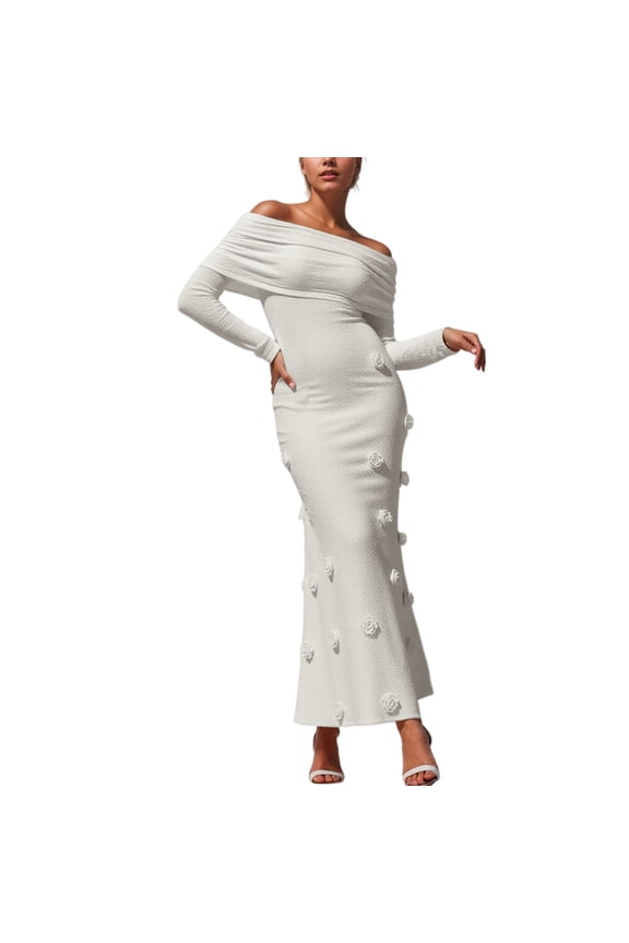 Women Off Shoulder Crochet Maxi Dress Bodycon Stretchy Mesh Knit Dress Long Sleeve Tube Top Elegant Dresses