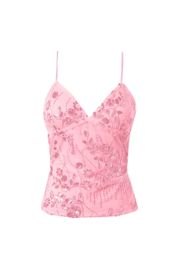 Women Sequin Sparkly Cami Top Spaghetti Strap Rhinestone Camisole Sheer Mesh See Through Tank Top Pink S