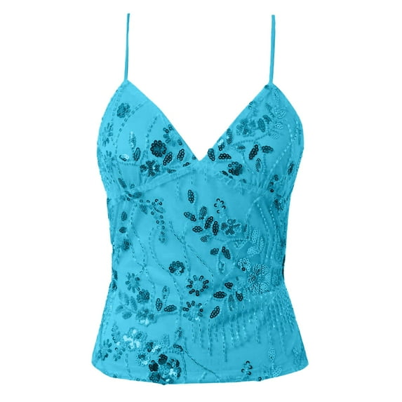 Wdgfv Women Sequin Sparkly Cami Top Spaghetti Strap Rhinestone Camisole Sheer Mesh See Through Tank Top Sky Blue M