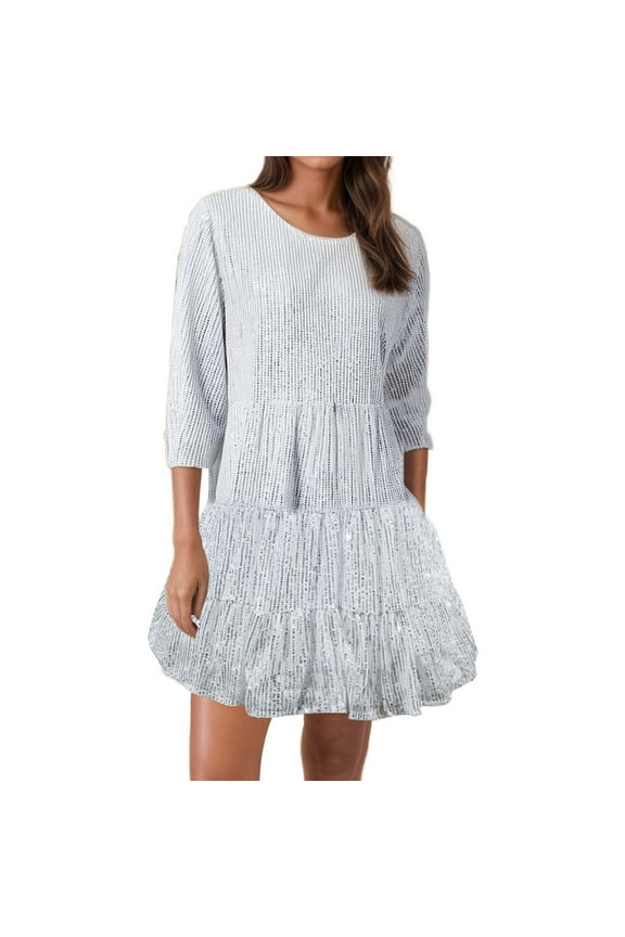 Women Sparkly Sequin Dress Short Flowy Tiered Tunic Dress Shiny Loose Glitter Party Club Night Out Mini Dress White S