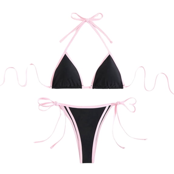 Wdgfv Women String Bikini Halter Side Tie Two Piece Swimsuit Color Block Triangle Bathing Suits