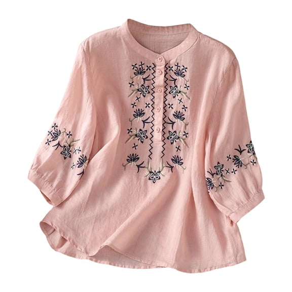 Wdgfv Women Summer 3/4 Sleeve Chinese Blouse Top Traditional Mandarin Collar Ethnic Cotton Linen Qipao Shirt