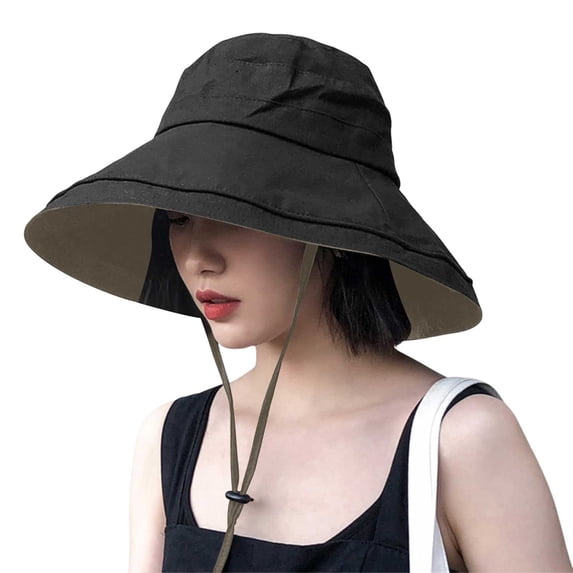 Wdgfv Women Wide Brim Sun Hats Metal Wired Edge Summer UV Protection Beach Fishing Hat for Hiking Garden Travel Chin Strap Black M