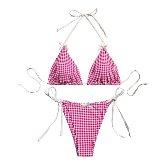 Wdgfv Women's 2 Piece Gingham Bikini Set Cute Triangle Thong Bikini Halter String Bathing Suit High Cut Cheeky Swimsuit