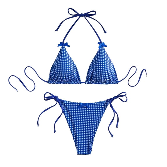 Wdgfv Women's 2 Piece Gingham Bikini Set Cute Triangle Thong Bikini Halter String Bathing Suit High Cut Cheeky Swimsuit