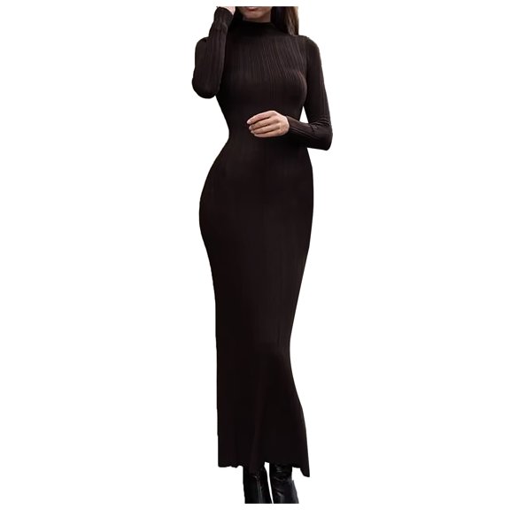 Wdgfv Women's 2025 Long Sleeve Bodycon Sweater Dress Fall Winter Crew Neck Ribbed Knit Maxi Dresses Brown M