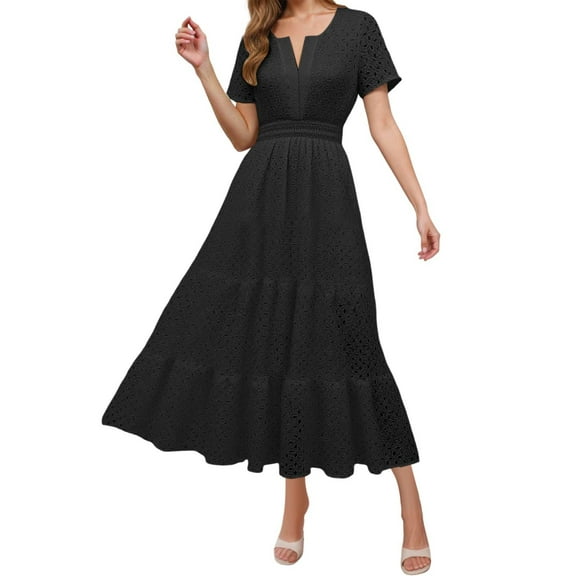 Wdgfv Women's 2026 Summer Short Sleeve Maxi Dress Casual V Neck Hollow Out Eyelet Ruffle Swing A Line Long Dresses Black XS