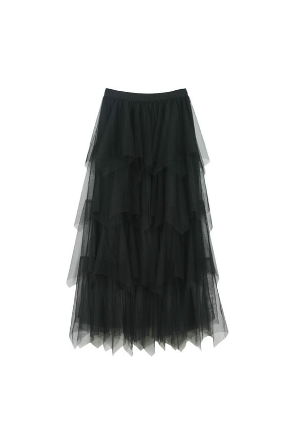 Women's A-Line Fairy Patterned Elastic Waist Ruffle Tulle Layered Midi Skirt