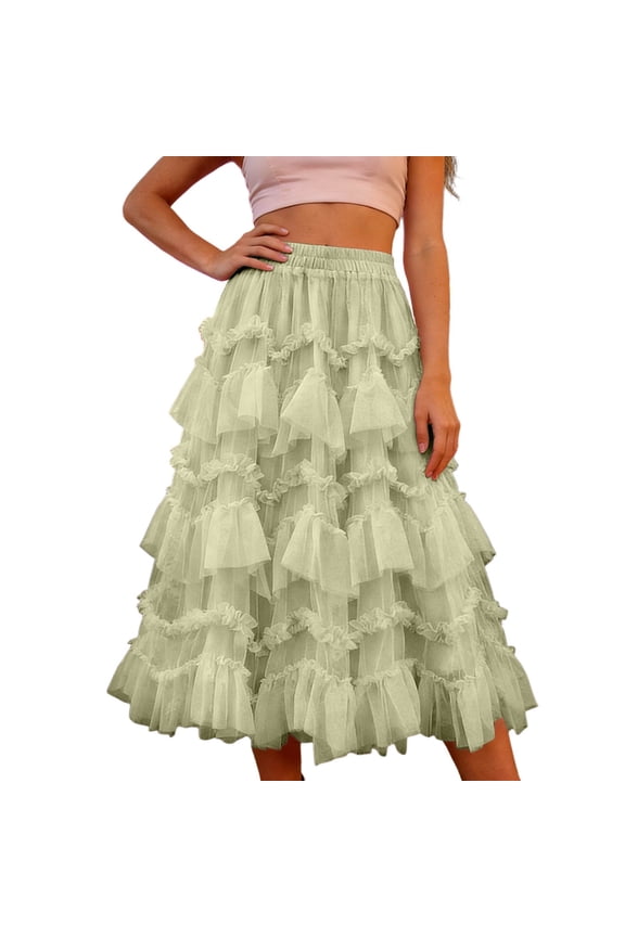 Women's A-Line Fairy Patterned Elastic Waist Ruffle Tulle Layered Midi Skirt