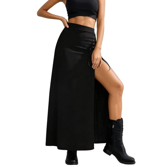 Wdgfv Women's Black Goth Long Skirts Side Slit High Waist Maxi Skirt Stretchy Bodycon Wrap Rave Skirts with Hook Buckle
