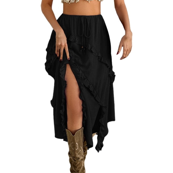 Wdgfv Women's Boho Maxi Skirt High Low Asymmetrical Lace Ruffle Hem Flowy Western Skirt