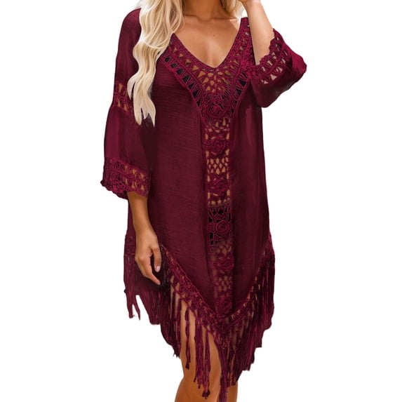 Wdgfv Women's Boho Tops Crochet Sweater Dolman Sleeve Beach Cover Up