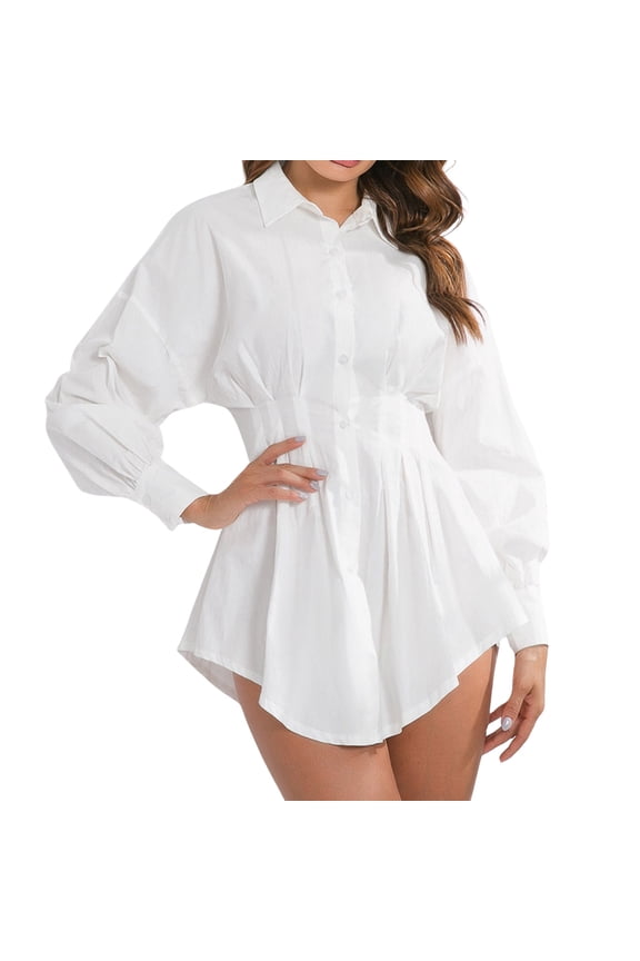 Women's Button Up Long Sleeve Mini T Shirt Dress Lapel Collar Pleated Flared Short Dresses White XXL