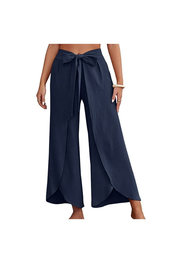 Women's Casual Flowy High Waist Wide Leg Pants Bowtie Irregular Front Split Wrap Pants Hippie Boho Plus Size Trousers