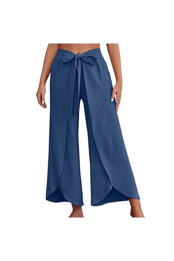 Women's Casual Flowy High Waist Wide Leg Pants Bowtie Irregular Front Split Wrap Pants Hippie Boho Plus Size Trousers