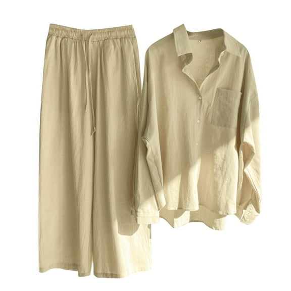 Wdgfv Women's Casual Solid Retro Plus Size Cotton Button Shirt High Waist Loose Pocket Long Pant Suit