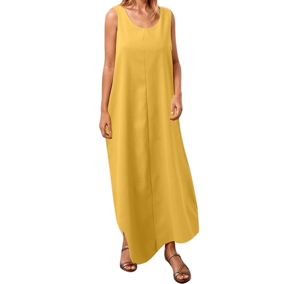 Wdgfv Women's Casual Summer Dress with Adjustable Straps and Front Pocket Round Neck Sleeveless Long Flowy Maxi Dress for Everyday Comfort Yellow S