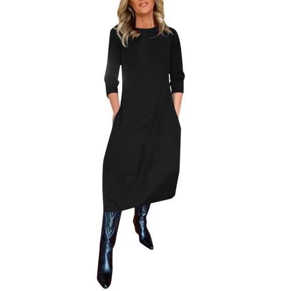 Wdgfv Women's Cotton Linen 3/4 Sleeve Maxi Dress Boho Solid Flowy Casual Summer Fall Beach Tshirt Dress with Pockets Black S