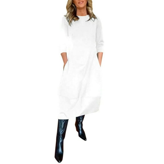 Wdgfv Women's Cotton Linen 3/4 Sleeve Maxi Dress Boho Solid Flowy Casual Summer Fall Beach Tshirt Dress with Pockets White L