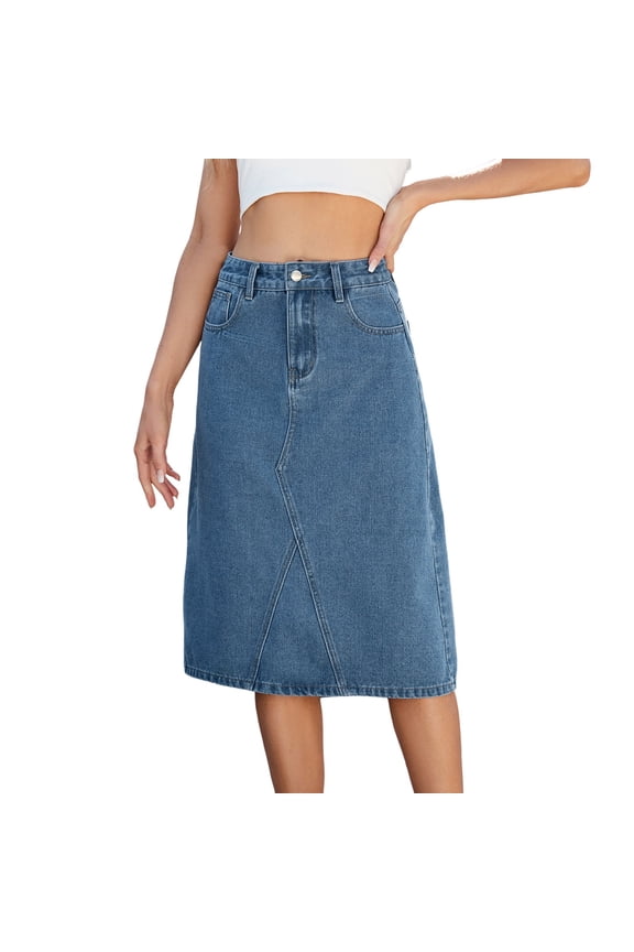 Women's Denim Skirt Casual Mid Rise A Line Elastic Back Waist Knee Length Jean Skirts