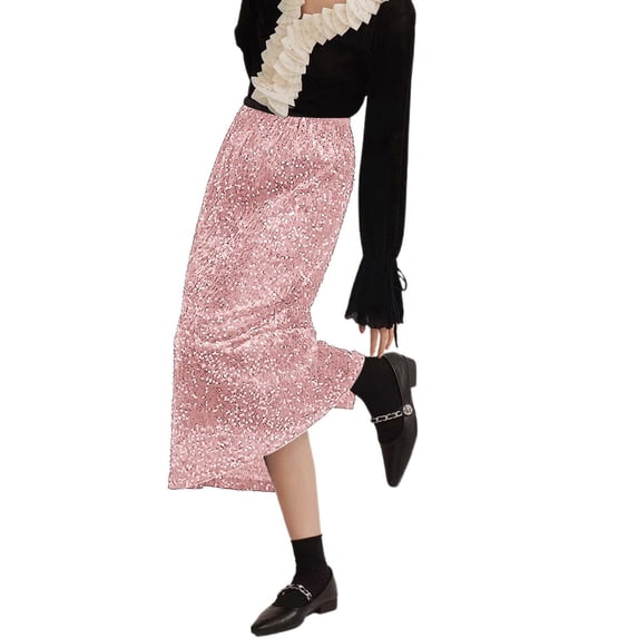 Wdgfv Women's Elegant A-Line Sequin Glitter Pleated Skirt Mid-Length Festive Party Wear Pink One Size