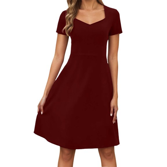 Wdgfv Women's Elegant Vintage Summer Sweetheart Neck Short Sleeve Casual Work Party Business A-Line Dress