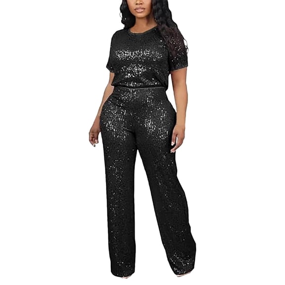 Wdgfv Women's Evening Sparkly 2 Piece Outfit Long Sleeve Party Sequins Tops and High Waisted Wide Leg Pants Suit Black M
