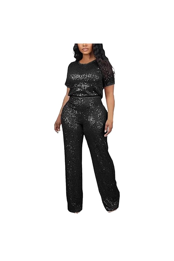 Women's Evening Sparkly 2 Piece Outfit Long Sleeve Party Sequins Tops and High Waisted Wide Leg Pants Suit Black M