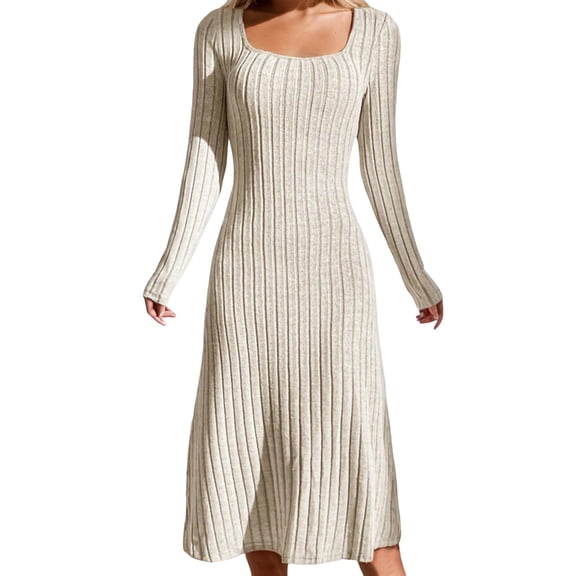 Wdgfv Women's Fall Long Sleeve Sweater Dress Casual Ribbed Knit Slim Fit Bodycon Maxi Dresses Beige XXL