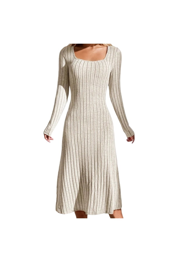 Women's Fall Long Sleeve Sweater Dress Casual Ribbed Knit Slim Fit Bodycon Maxi Dresses Beige XXL