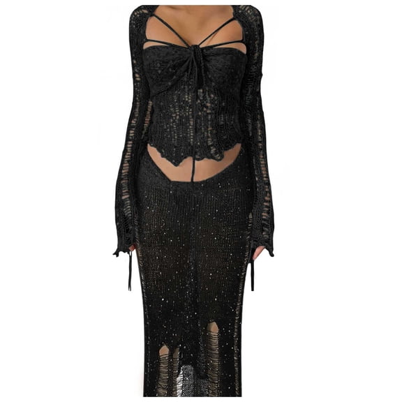 Wdgfv Women's Fashion Hollow Sequins Bandage Tube Top and Long Skirt Suit Set for Elegant Evening Party Wear