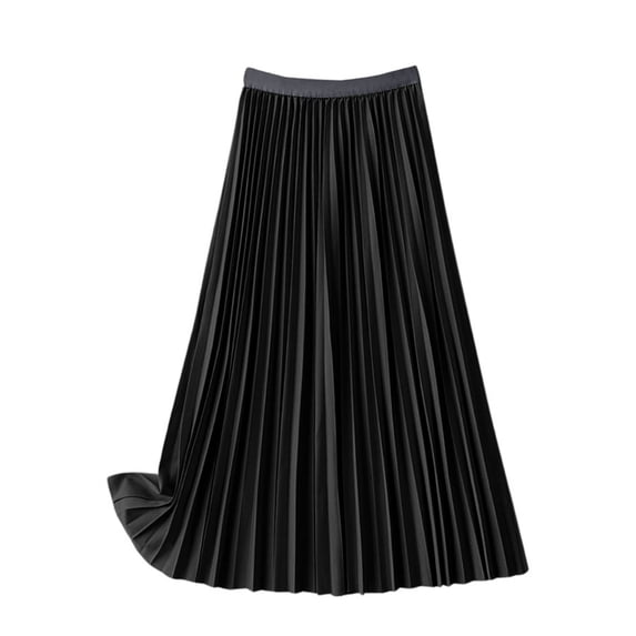 Wdgfv Women's Fashionable Casual Satin Pleated Midi Skirt Elegant Solid Tone Separates Versatile Layering Piece Black XXXL