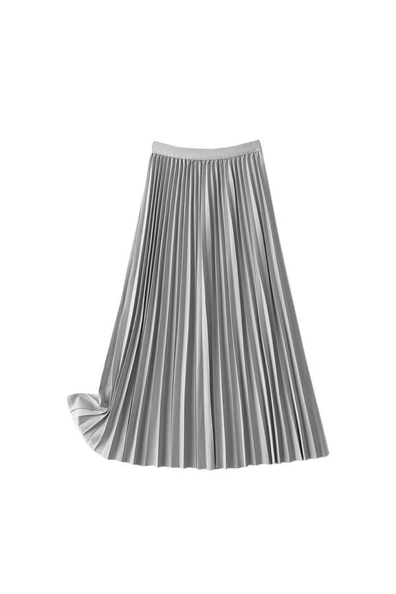 Women's Fashionable Casual Satin Pleated Midi Skirt Elegant Solid Tone Separates Versatile Layering Piece Grey XXXL