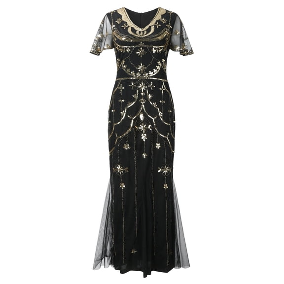 Wdgfv Women's Flapper Dress 1920s V-Neck Evening Gown Sequin Beaded Maxi Dress for Wedding Black XXXL