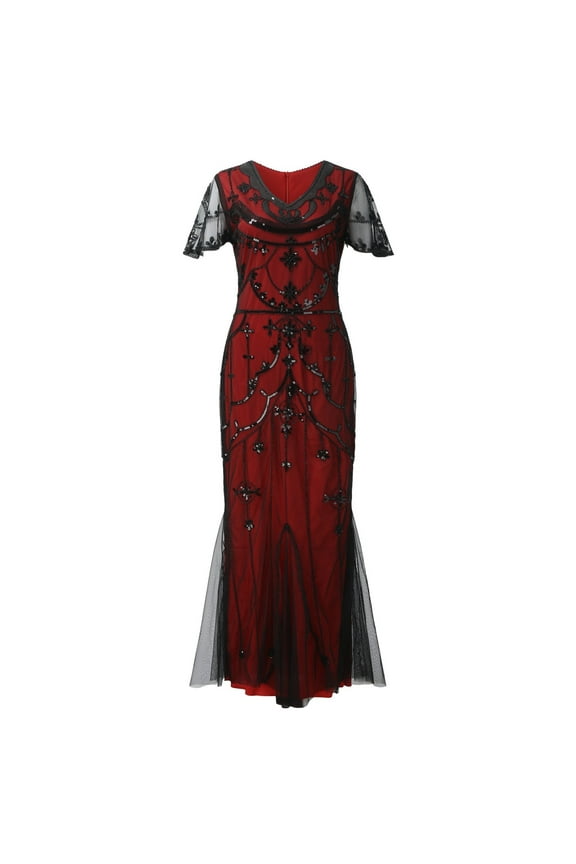 Women's Flapper Dress 1920s V-Neck Evening Gown Sequin Beaded Maxi Dress for Wedding Red XXXL