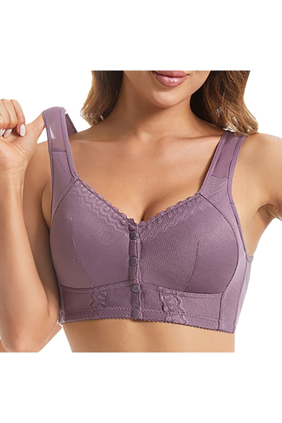 Women's Front Buckle Lace Trim Wireless Movement Seamless Adjustable Yoga Sleep Support Comfort Bra Grey 50