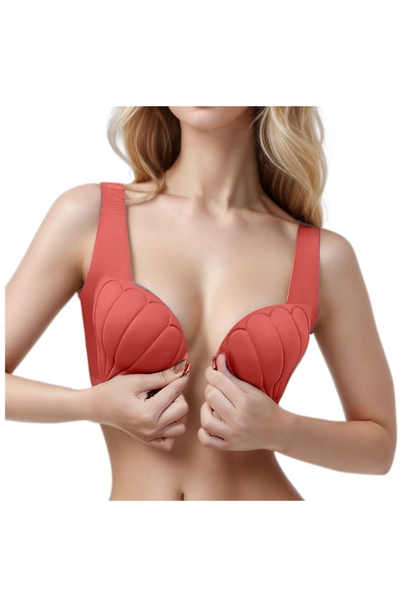 Women's Front Closure Push Up Bra with Petal Cups Seamless Design for Soft Lift Support and Comfortable Back Coverage Wine XL