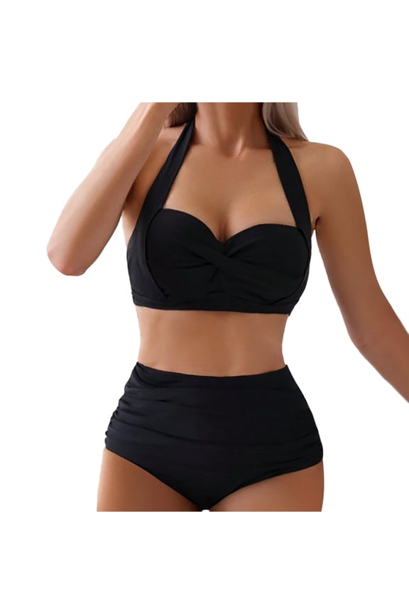 Women's High Waisted Bikini Sets, Tummy Control 2 Piece Swimsuits, Full Coverage Knot Front Bathing Suit