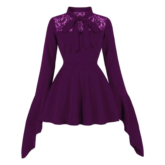 Wdgfv Women's Lace Insert Gothic Bell Sleeves Vintage Dress