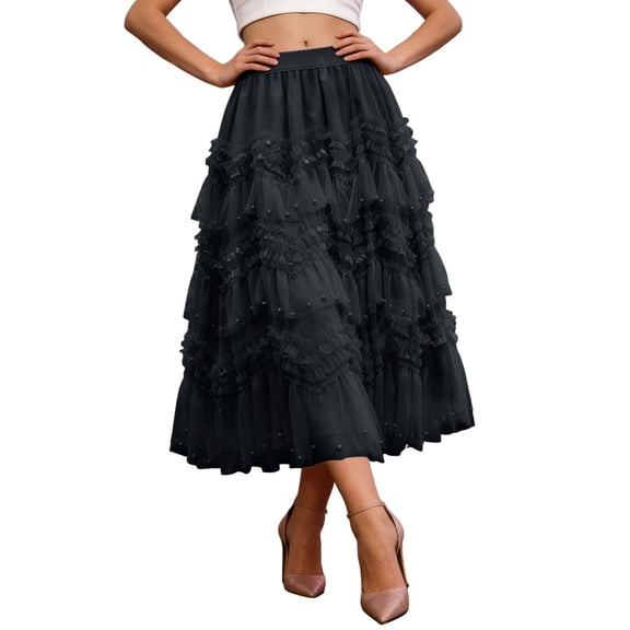 Wdgfv Women’s Layered Ruffles Tulle Skirt Pleated High Waist Fluffy Maxi Skirt Fairy Cake Dress Long Tutu Party Skirt