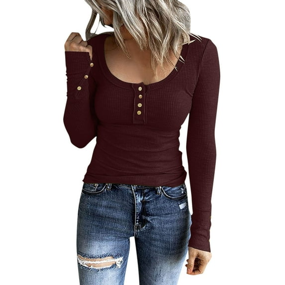 Wdgfv Women’s Long Sleeve Henley T Shirts Button Down Slim Fit Tops Scoop Neck Ribbed Knit Shirts