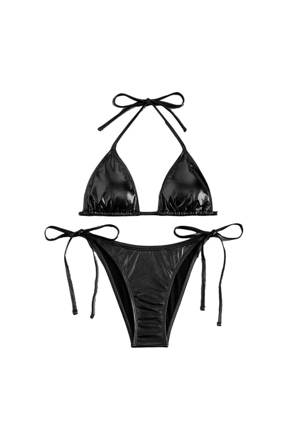 Women's Metallic Shiny Bathing Suit High Waisted Triangle Tie Side Swimsuit Bikini Set