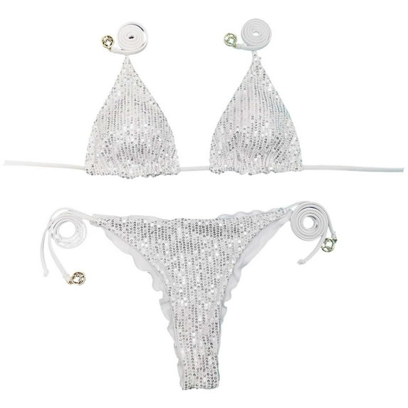 Wdgfv Women's Metallic String Thong Bikini Set Triangle Halter 2 Piece Brazilian Swimsuit