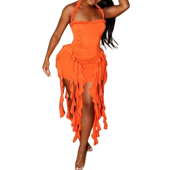 Wdgfv Women's Mini Dress Backless Ruffle Fringe Bodycon Short Dress Party Beach Vacation Sundress Orange L