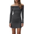 thumbnail image 1 of Wdgfv Women's Off Shoulder Ruched Long Sleeve Bodycon Dress Slim Fit Club Party Mini Short Dresses Grey M, 1 of 4