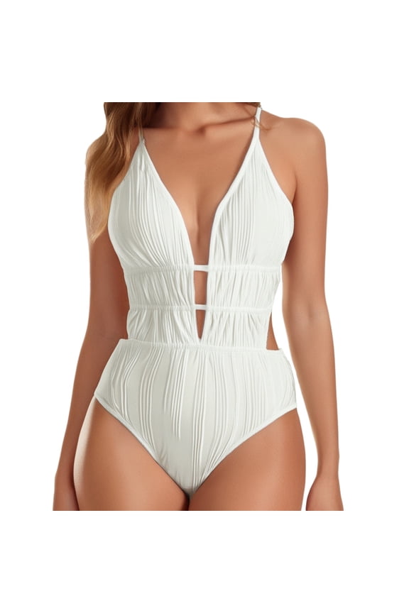 Women's One Piece Swimsuit Plunging Neck Cutouts Bathing Suit Textured Ruched Crisscross Back Self Tie Swimwear